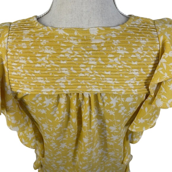 BB Dakota Womens All The Frills Ruffle Crepe V Neck Yellow Floral Blouse Small - Picture 7 of 11